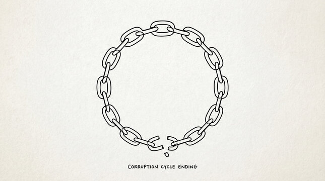 A minimalist drawing shows a chain forming a circle, broken at one point, symbolizing the end of a vicious cycle. It speaks of hope for positive change.