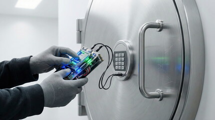 Gloved hands use an advanced device to hack a vault door's keypad, representing cybersecurity threats, data breach, and unauthorized access.