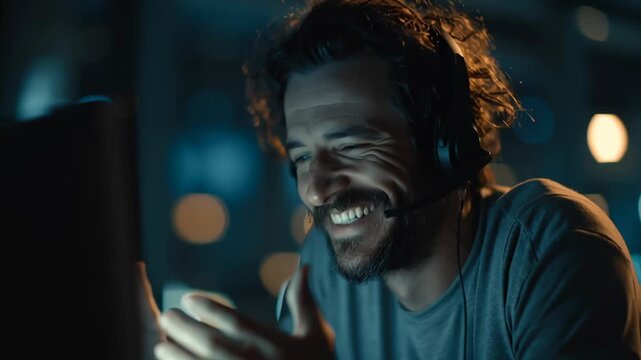 Male gamer wearing headset immersed in online video game, smiling, laughing, experiencing joy and teamwork during late night competitive esports session