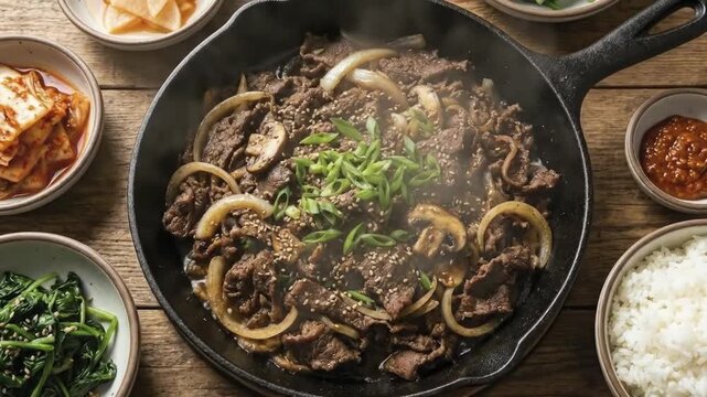 A delectable sizzling beef and vegetable stir-fry is presented in a rustic cast iron skillet, emitting enticing steam. Generous slices of marinated beef are cooked with tender onions and savory mushro