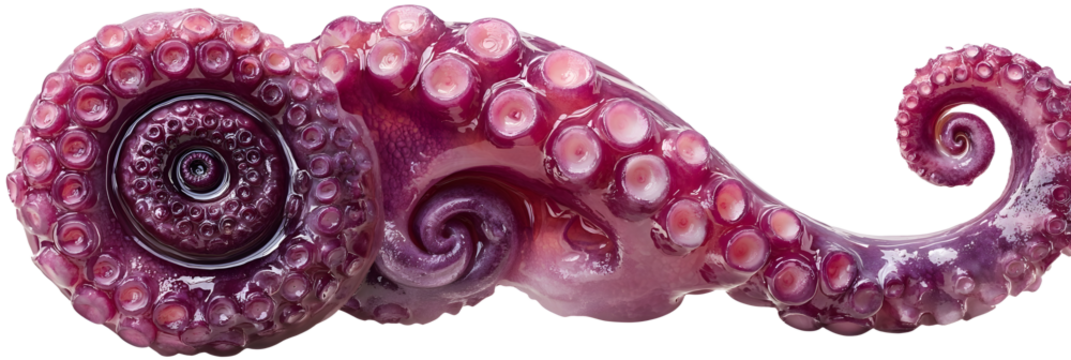 Realistic octopus tentacle curled end detail wet glossy texture visible suction cups vibrant deep pink and purple tones highly detailed skin surface natural lighting ultra sharp focus - Powered by Adobe
