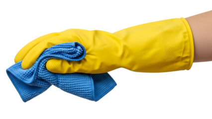 Yellow gloved hand, holding blue cleaning cloth rubber glove, isolated on a white or transparent background, cutout, PNG