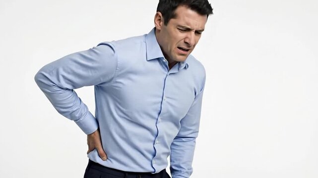 A distressed adult man is depicted clutching his lower back, grimacing in obvious pain against a clean, white studio background. His hunched posture and pained facial expression vividly convey intense