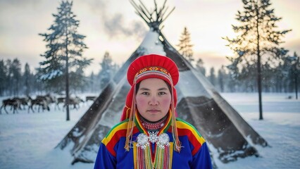 Saami person in traditional clothing standing proudly in snowy forest near tent as reindeer wander in distance during winter sunrise in northern wilderness.