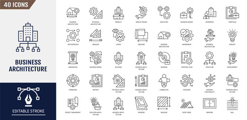 Business architecture icon set. Containing strategy, execution, management, execution, operations, service, planning and more. Vector illustration