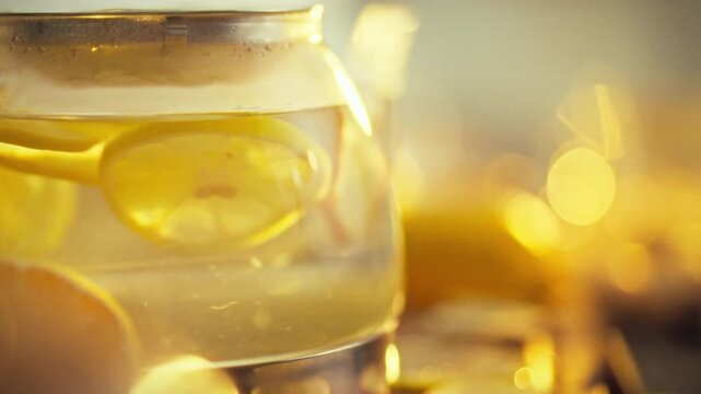 Thin slices of raw citrus fruit, probably lemon, and ginger are infused in a teapot of hot water, releasing their juice and fiber, adding texture and a burst of sourness and acidity to the beverage