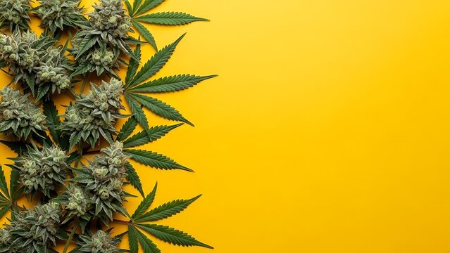 Cannabis Nugs Border on Yellow Background Marijuana Buds and Leaves