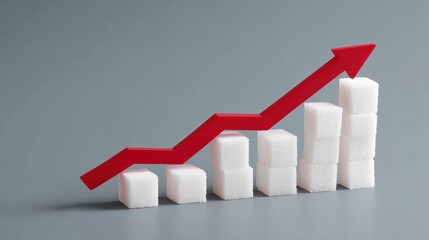 A conceptual graphic of a red arrow climbing upward over bar graphs formed by stacked white sugar cubes. Gray background