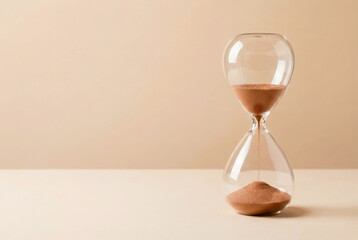 A clear glass hourglass with flowing brown sand, symbolizing time, deadlines, and urgency on a minimalist neutral background.
