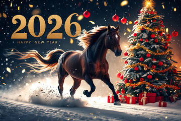 New Year's card 2026 with a horse - the symbol of the New Year