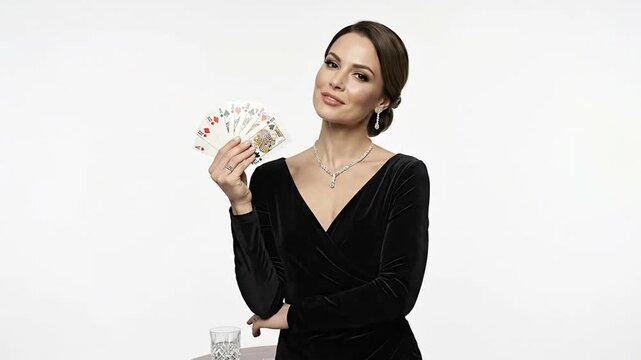 A glamorous and confident woman elegantly presents a winning hand of playing cards, smiling subtly at the viewer against a pristine white studio background. Dressed in a sophisticated black velvet gow