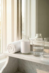 Clean white towel, glass bottle with blank label, and water on a marble counter in natural light. Perfect for wellness, spa, and beauty concepts.