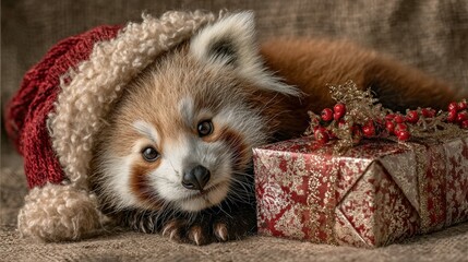 Santa's little helper: a panda celebration of holiday cheer. Designer fashion. Whimsical holiday panda: a vibrant christmas card delight. Luxury portrait. Rich texture.