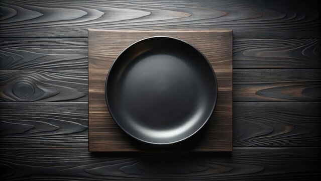 Dark black wooden dinner plate set against a contrasting rectangular background