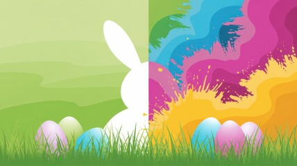 Modern flat vector Easter banner with white bunny silhouette, pastel eggs in grass, paint splash