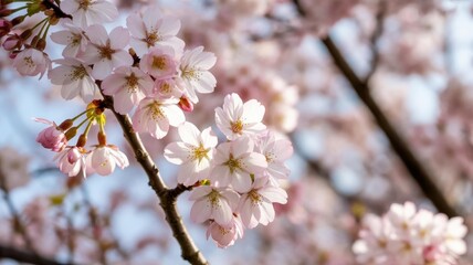 Obraz premium Cherry Blossom (Sakura) Pale Pink Macro, Backlit Blue Bokeh, Copy Space