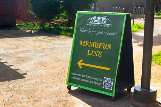 Sign board for the Member's Line at Honolulu Zoo, Hawaii.  Image taken February 28, 2024