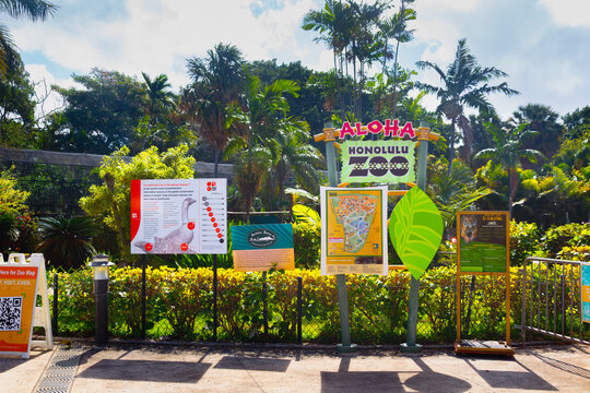 Information signs and maps at the entrance of the Honolulu Zoo in Waikiki.  Image taken February 28, 2024