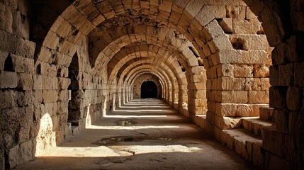 Historical Stone Archway Illuminated by Sunlight in Ancient Ruins Underground Tunnel with Arches in Perspective and Architectural Details