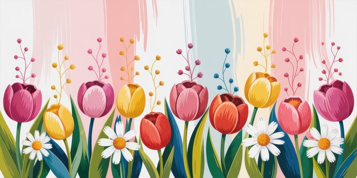 Spring Tulip & Daisy Floral Border &mdash; Pastel Pink-Blue Brushstroke Banner