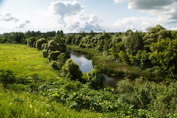 Serene summer landscape with lush greenery and river under cloudy sky