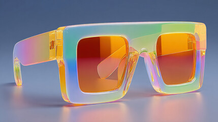 Reflective, multicolored sunglasses with angular frames on a smooth surface.