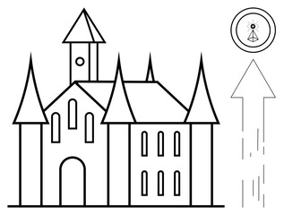 Naklejka premium History, fantasy , architecture, imagination, mysterious destinations, medieval construction. A detailed castle with pointed towers alongside a mysterious symbol and arrow. History and fantasy themes