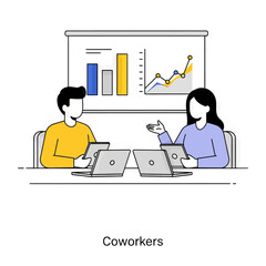 Flat illustration of coworkers collaborating at a meeting table with tablets, discussing data charts and graphs on a presentation screen. Ideal for teamwork, business analysis, office collaboration, a