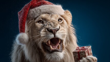 Season's greetings: a charming festive fantasy unfolds. Branding asset. Heartwarming christmas scene: lion fire horse spreads holiday cheer. Creative concept. Editorial style.