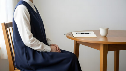 Reflection and Contemplation: An individual sits poised at a table, a notebook and pen nearby, the tranquil scene suggests thoughtfulness and introspection.