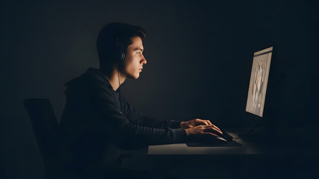 Tech-Focused Concentration: A focused individual is deeply engrossed in their work at a computer, illuminated by the glow of the screen, highlighting a moment of focused attention.
