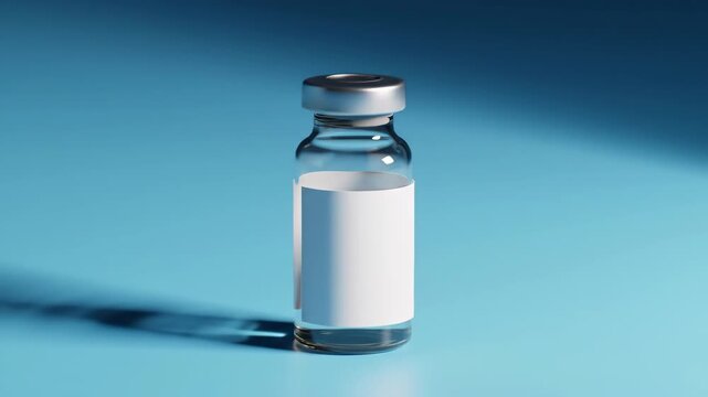 A clear glass vial with a white label on a blue gradient backdrop. The lighting highlights the vial's shape and details. Focus on medical treatment concepts.
