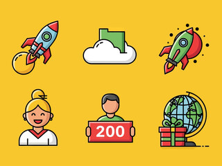 Colorful flat icon set with rocket launch, cloud folder, user avatars, global delivery, and startup symbols. Ideal for business, technology, app interface, web design, and digital marketing concepts.