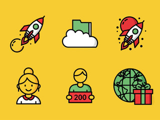 Colorful flat icon set with rocket launch, cloud folder, user avatars, global delivery, and startup symbols. Ideal for business, technology, app interface, web design, and digital marketing concepts.