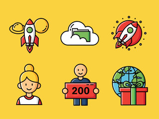 Colorful flat icon set with rocket launch, cloud folder, user avatars, global delivery, and startup symbols. Ideal for business, technology, app interface, web design, and digital marketing concepts.