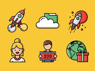 Colorful flat icon set with rocket launch, cloud folder, user avatars, global delivery, and startup symbols. Ideal for business, technology, app interface, web design, and digital marketing concepts.