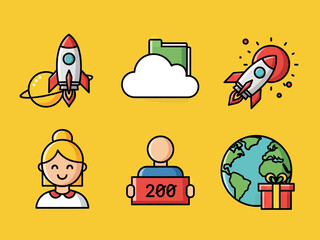Colorful flat icon set with rocket launch, cloud folder, user avatars, global delivery, and startup symbols. Ideal for business, technology, app interface, web design, and digital marketing concepts.