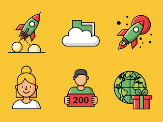 Colorful flat icon set with rocket launch, cloud folder, user avatars, global delivery, and startup symbols. Ideal for business, technology, app interface, web design, and digital marketing concepts.