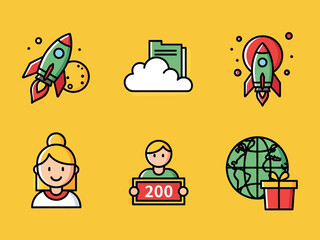 Colorful flat icon set with rocket launch, cloud folder, user avatars, global delivery, and startup symbols. Ideal for business, technology, app interface, web design, and digital marketing concepts.