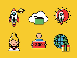 Colorful flat icon set with rocket launch, cloud folder, user avatars, global delivery, and startup symbols. Ideal for business, technology, app interface, web design, and digital marketing concepts.
