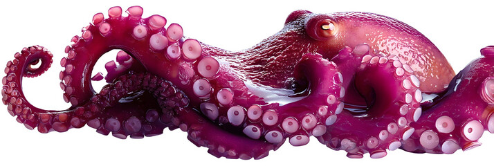 Realistic octopus tentacle curled end detail wet glossy texture visible suction cups vibrant deep pink and purple tones highly detailed skin surface natural lighting ultra sharp focus