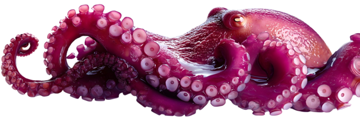 Realistic octopus tentacle curled end detail wet glossy texture visible suction cups vibrant deep pink and purple tones highly detailed skin surface natural lighting ultra sharp focus