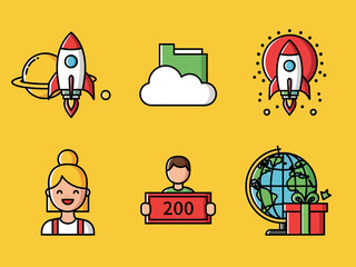 Colorful flat icon set with rocket launch, cloud folder, user avatars, global delivery, and startup symbols. Ideal for business, technology, app interface, web design, and digital marketing concepts.