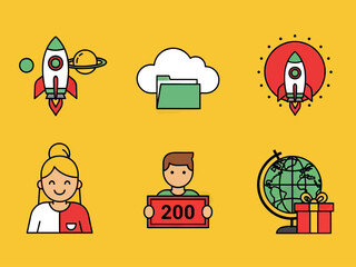 Colorful flat icon set with rocket launch, cloud folder, user avatars, global delivery, and startup symbols. Ideal for business, technology, app interface, web design, and digital marketing concepts.