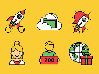 Colorful flat icon set with rocket launch, cloud folder, user avatars, global delivery, and startup symbols. Ideal for business, technology, app interface, web design, and digital marketing concepts.