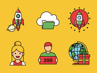Colorful flat icon set with rocket launch, cloud folder, user avatars, global delivery, and startup symbols. Ideal for business, technology, app interface, web design, and digital marketing concepts.