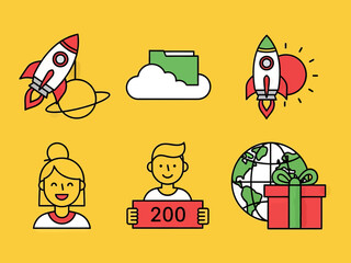 Colorful flat icon set with rocket launch, cloud folder, user avatars, global delivery, and startup symbols. Ideal for business, technology, app interface, web design, and digital marketing concepts.
