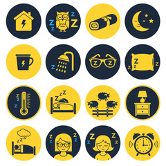 Minimal sleep routine icon set in flat yellow and black style featuring bedtime habits, night symbols, relaxation, and rest activities. Ideal for wellness, sleep tracking, and lifestyle design.