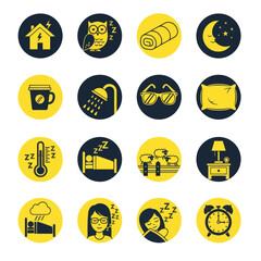 Minimal sleep routine icon set in flat yellow and black style featuring bedtime habits, night symbols, relaxation, and rest activities. Ideal for wellness, sleep tracking, and lifestyle design.