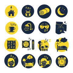 Minimal sleep routine icon set in flat yellow and black style featuring bedtime habits, night symbols, relaxation, and rest activities. Ideal for wellness, sleep tracking, and lifestyle design.